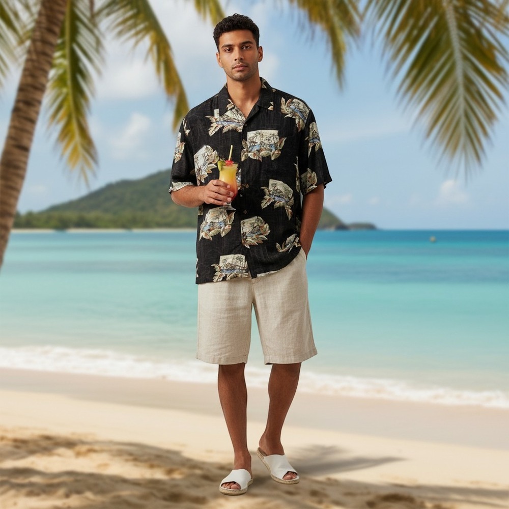 NWT Campia Moda Mens Black Tropical Island Print Short Sleeve Aloha Shirt L